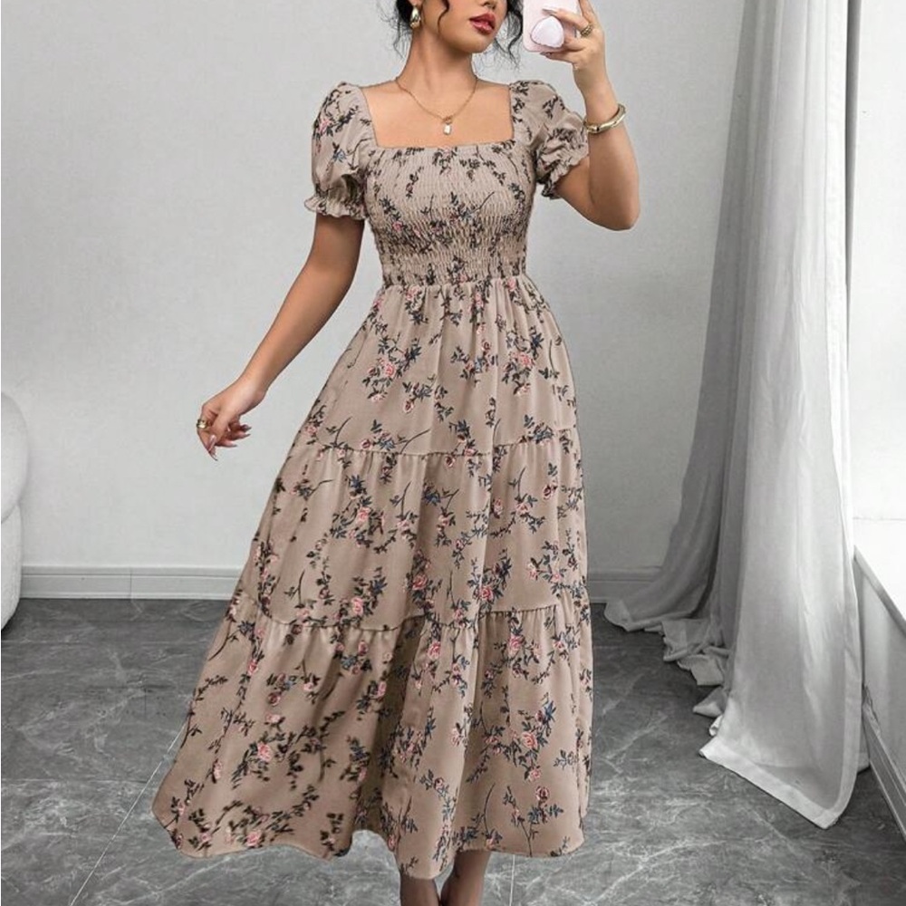 SHEIN Floral Puff Sleeve Midi Dress - Tan and Pink